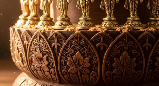Detailed golden statues of Dashavatara avatars on carved wooden lotus base