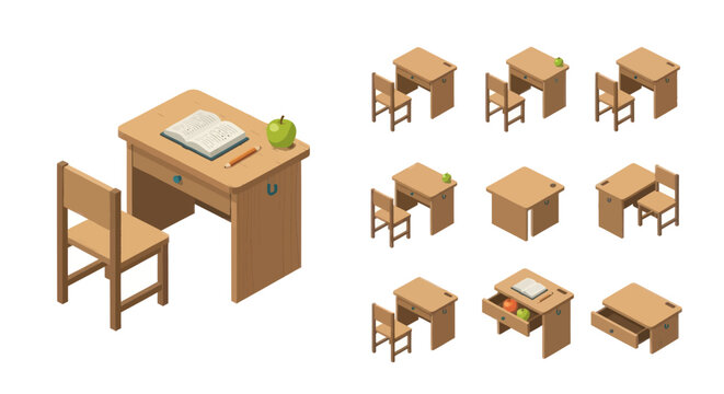 Isometric School Desk and Chair Set, Study Furniture Collection