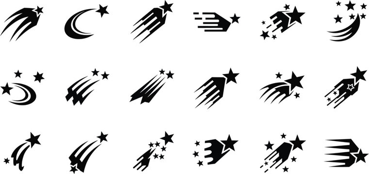 Set of stylized shooting star and comet icons with swift star night sky space graphic element star icon abstract star motion graphic brush stroke speed icon celestial body silhouette