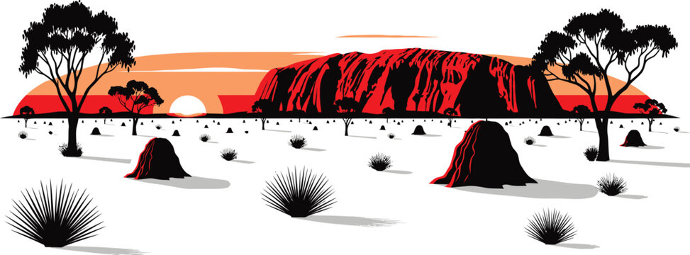 Australian outback landscape with uluru at sunset ayers rock red rock travel destination national park australia landscape landmark outdoors eucalyptus formation adventure indigenous