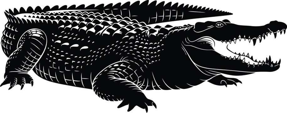 Aggressive crocodile silhouette with open mouth black and white wild animal crocodile alligator wildlife silhouette predator aggressive dangerous ferocious illustration creature isolated