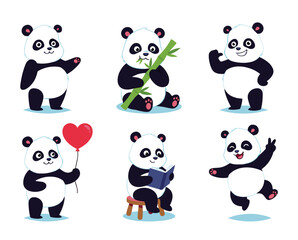 Obraz premium Cute cartoon pandas playful fun activities adorable antics. Panda reading book sitting stool bamboo munching heart balloon isolated white background. Vector illustration panda joy celebration