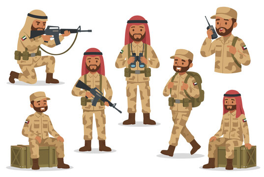 Desert soldiers camouflage actions army uniform tactical equipment diverse ethnicity strategic planning military operation squad cartoon style isolated white background. Middle Eastern military