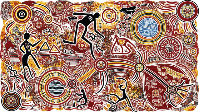 Aboriginal dot painting with figures and symbols aboriginal art indigenous art australian art storytelling traditional painting decoration heritage spiritual community abstract handcrafted