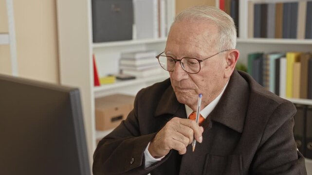 Man holds pen to lips at computer monitor, wearing glasses and orange tie, seated at desk with bookshelves and folders visible in office building; contemplation.