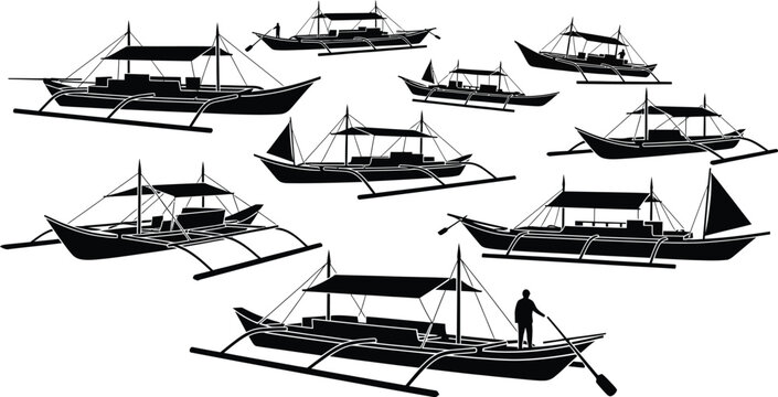 Fleet of traditional filipino bangka boats at sea with black and white outrigger traditional filipino philippine watercraft transport maritime commerce silhouette illustration shipping