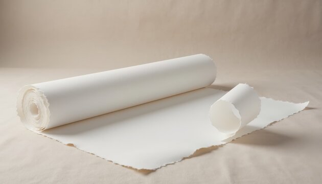 A large roll of white textured paper with a natural deckle edge, partially unrolled on a soft beige surface, ready for creative projects and artistic endeavors.