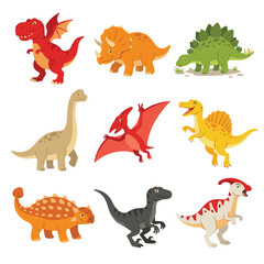 Cartoon colorful dinosaurs playful prehistoric Tyrannosaurus, Triceratops, Stegosaurus, Brontosaurus, Pterodactyl, Spinosaurus vibrant cute dino creatures illustration isolated white background © Vectorvstocker