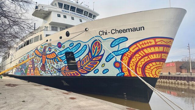 View of MS Chi-Cheemaun passenger and vehicle ferry in Owen Sound ON . Regular  summer route is Tobermory. to Manitoulin Island Ontario, Canada - Apr 14, 2026