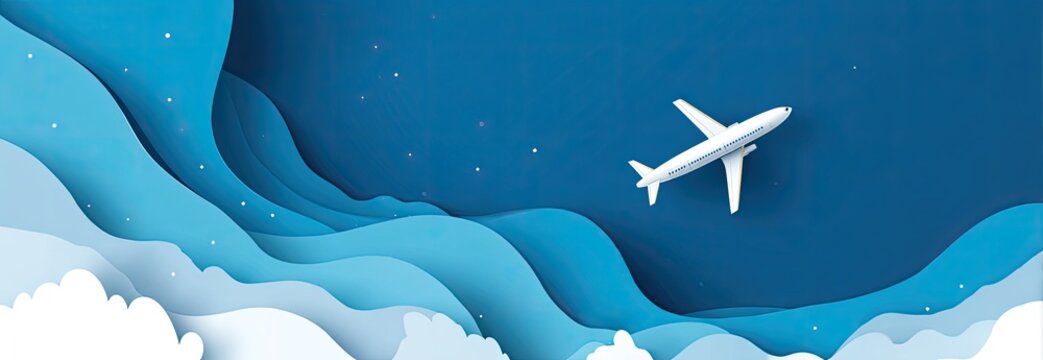 Airplane flying through clouds with stars, paper cut style