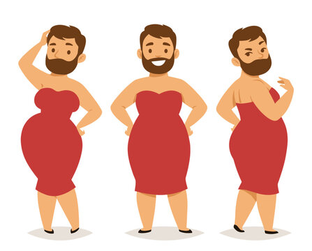 Adult bearded man wearing elegant red dress, smiling, confident humorous posing isolated white background vector. Cartoon style, diverse ethnicities, playful expression celebration mood, fashion