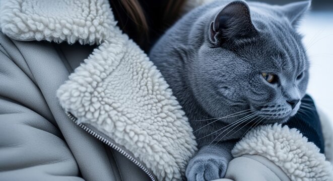Close-up of a gray cat being held by a person in a warm jacket.