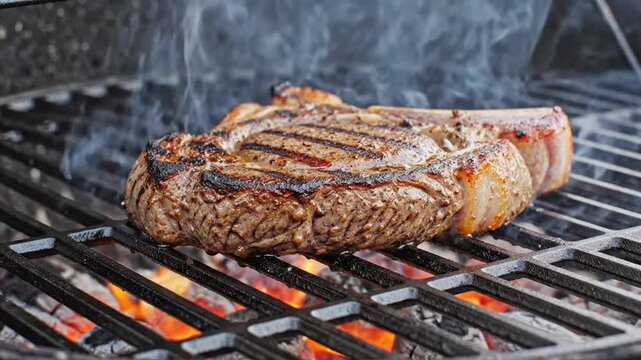 Grilled steak on barbecue grill.