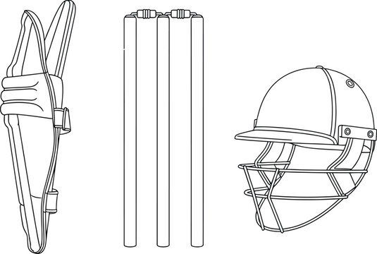 Minimalist Cricket Gear Outline Stumps Helmet Pads Line Drawing