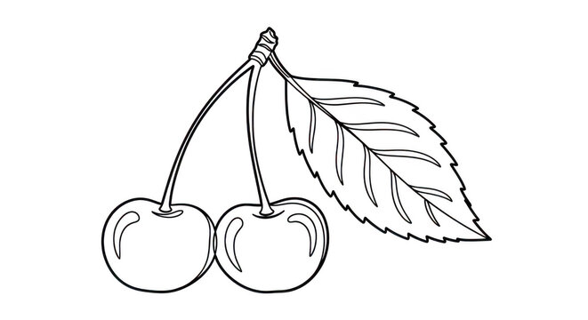 Line drawing of two cherries with leaf on stem transparent background