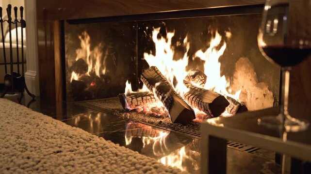 Red wine glass near burning fireplace with logs on cozy rug
