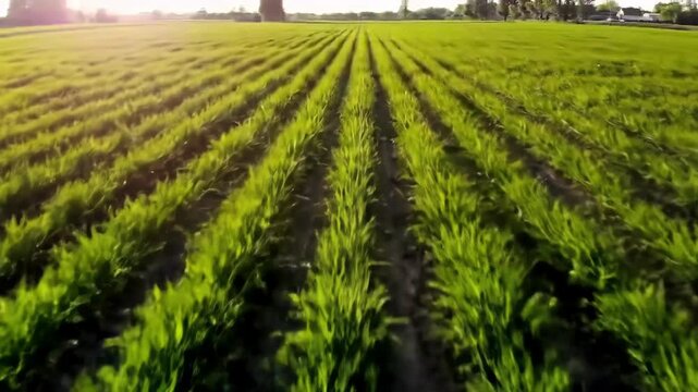 Rows of Green Crops in a Sunlit Field