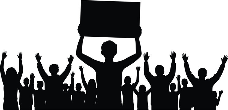 Protest crowd silhouettes with blank sign, people raising hands, demonstration rally vector illustration
