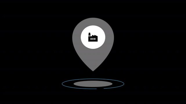 Factory map marker icon animating on a solid black screen for industrial navigation and location video footage