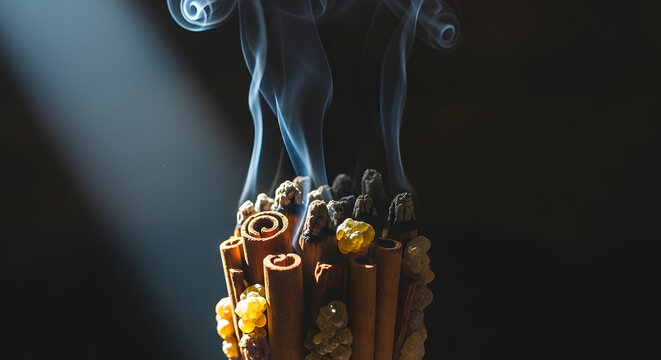 Aromatic cinnamon sticks and resin incense burning with wisps of smoke