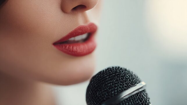 The Art of Voice: An intimate portrait of a woman's lips, vividly painted with crimson lipstick, poised near a microphone. Capturing the essence of communication, performance, and expression.