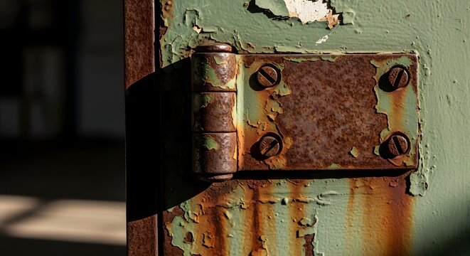 A close-up view of a rusty metal hinge on a weathered green door