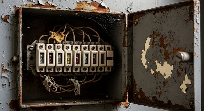 An old and rusty electrical fuse box with its cover open
