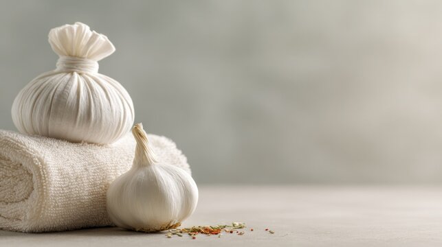 Serene Spa Arrangement: A calming spa scene featuring herbal poultices and a neatly folded towel on a light surface.