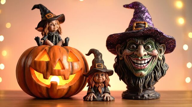 Halloween decorations with pumpkin and witch.