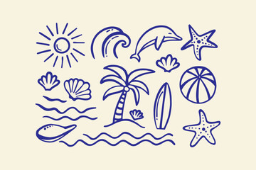 Obraz premium Hand-drawn summer beach icons with dolphin surfboard palm tree white background marine life surfboard starfish seashell illustration vacation tropical creative iconography