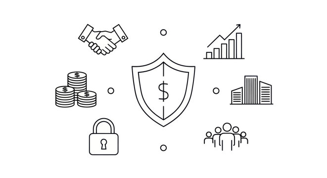 Financial Security Concept: Shield with Dollar Sign, Handshake, Coins, Growth Chart, Building, People, Lock