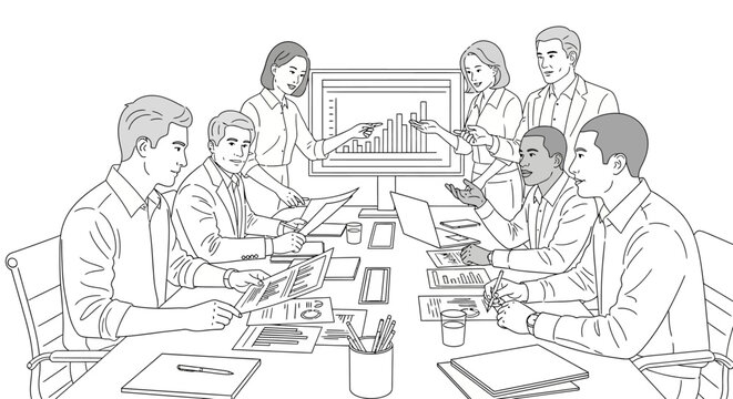 Business meeting with diverse team presenting charts and data on projector screen