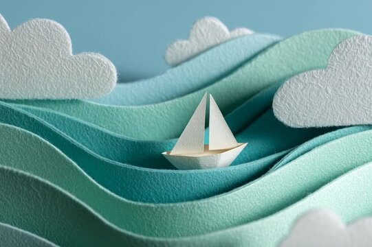Animated Macro Papercraft Diorama of Sailboat on Ocean Waves