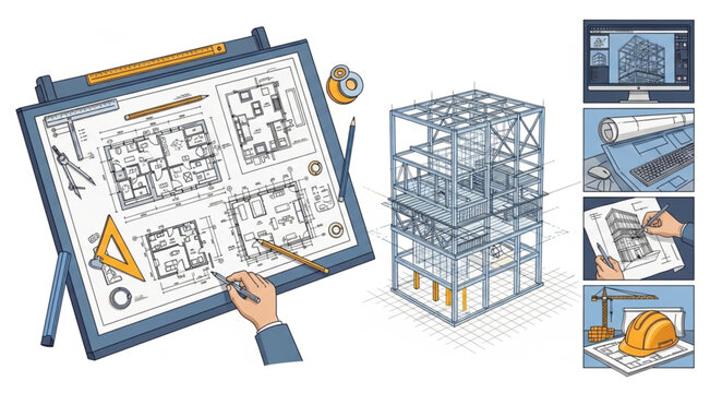 Architectural blueprint and 3D model of a building.