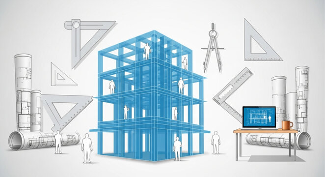 Architectural blueprint and 3D model of a building with drafting tools and computer.