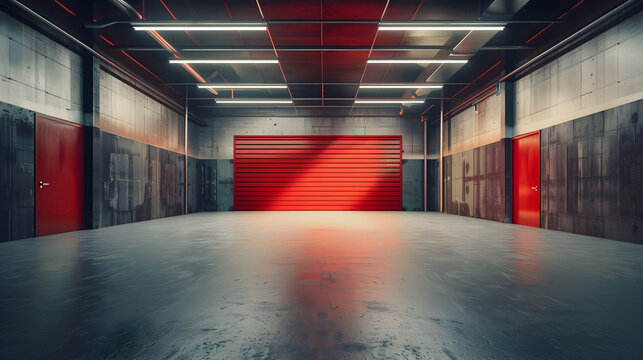 A large empty warehouse with a red garage door and industrial lighting