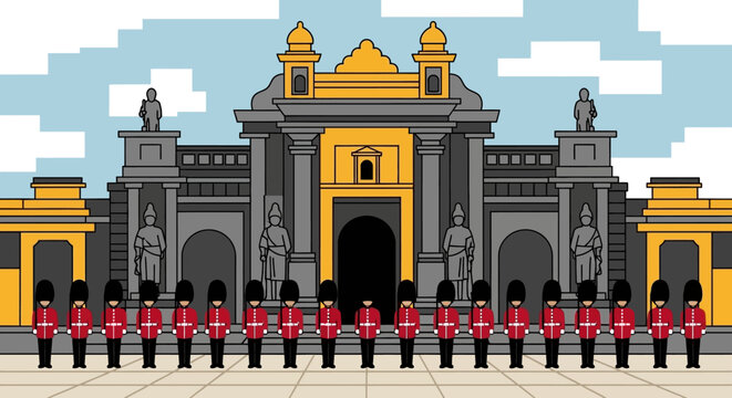 Illustration of the palatial gateway with guards in red uniforms