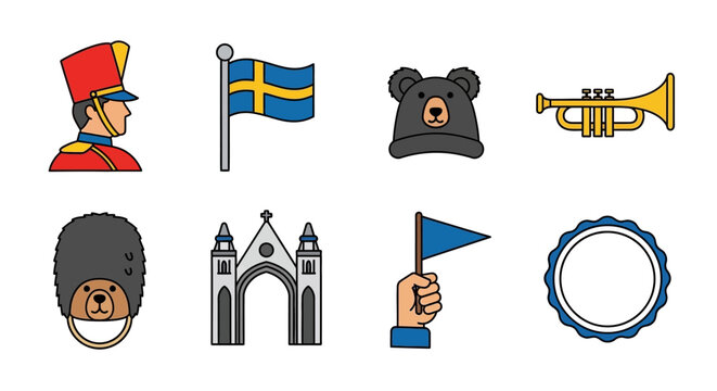 Swedish culture icons hats flags architecture and musical instruments