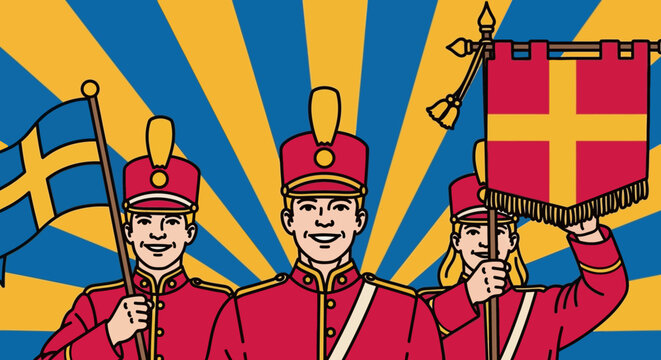 Three soldiers in uniform holding swedish flags against a yellow background