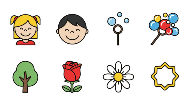 Colorful icons depicting children flowers trees and bubble wands