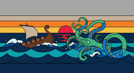 A stylized illustration of a viking ship battling a large octopus © Ayesha