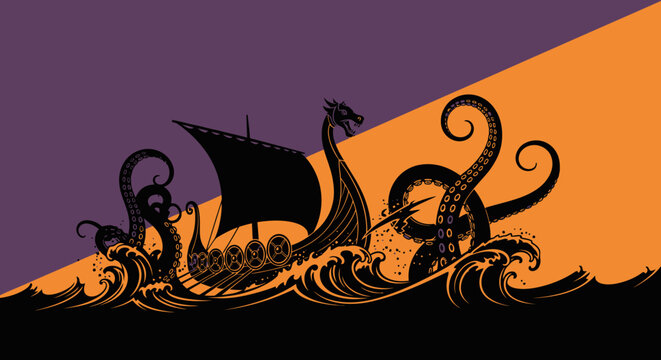 A silhouetted viking ship battles a kraken in stormy seas
