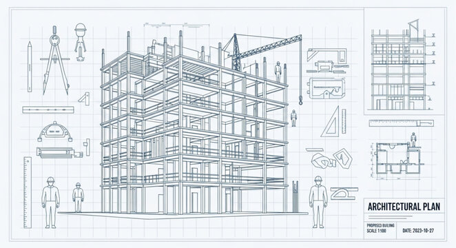 Architectural blueprint of a building under construction with crane.
