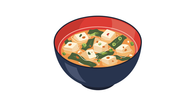 Traditional bowl of Japanese miso soup containing cubes of tofu and green seaweed in a warm savory broth served in a black and red lacquerware bowl.