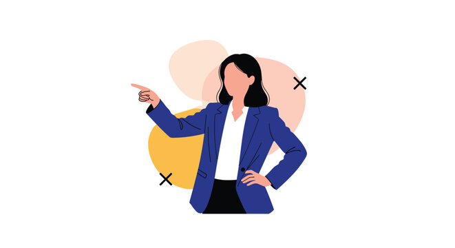 Confident businesswoman in a blue suit points her finger left while standing against a background of soft abstract coral and yellow shapes.