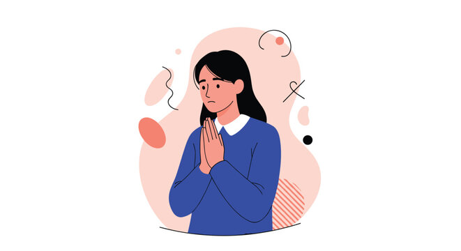 Worried young woman in a blue sweater holds her hands in a prayer gesture with a pleading expression against an abstract pink and beige background.