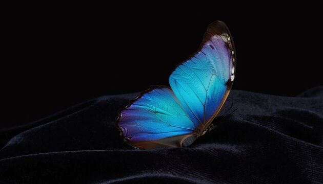 Close-up view of a vibrant blue morpho butterfly wing showcasing iridescent colors against a dark, textured background