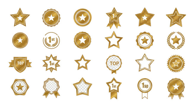 Golden Stars and Badges Collection: Award Ribbons, First Place Medals, Top Rank Icons