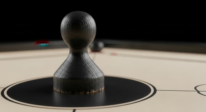 Black Carrom Piece Centered on a Carrom Board.