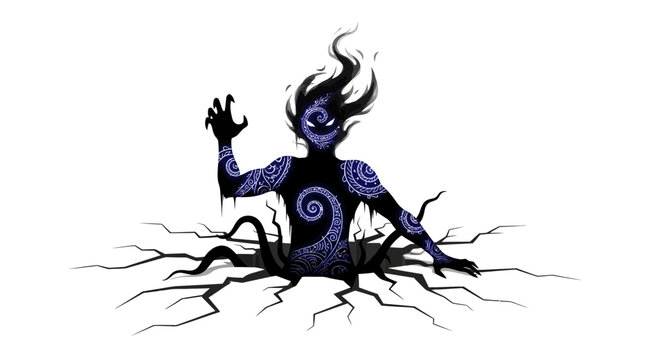 Dark entity emerging from cracked ground, abstract illustration